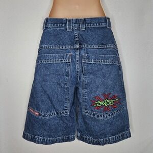 JNCO JEANS Baggy Denim Shorts Embroidered Logo Red Green Sun Tribal